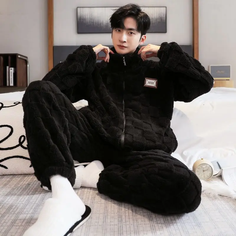 Zipper Pajamas for Men Fleece Winter Sleepwear Korean Sleeping Night Wear Solid Pijama 2 Pcs Pants Sets Warm Home Suit 2024 New