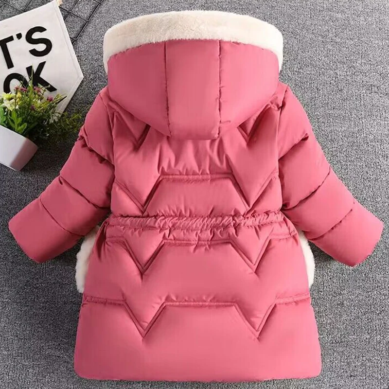 Send Gloves New Winter Girls Jacket Warm Fur Collar Princess Coat Hooded Zipper Outerwear Birthday Gift 3-8 Years Kids Clothes