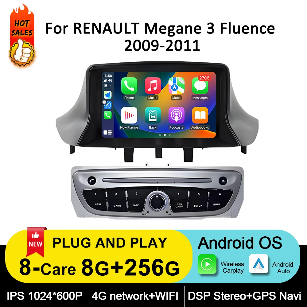 Car Display Screen for RENAULT Megane 3 Fluence 2009-2011 Android OS Multimedia WiFi Radio Player DSP GPS Navi Wireless Carplay