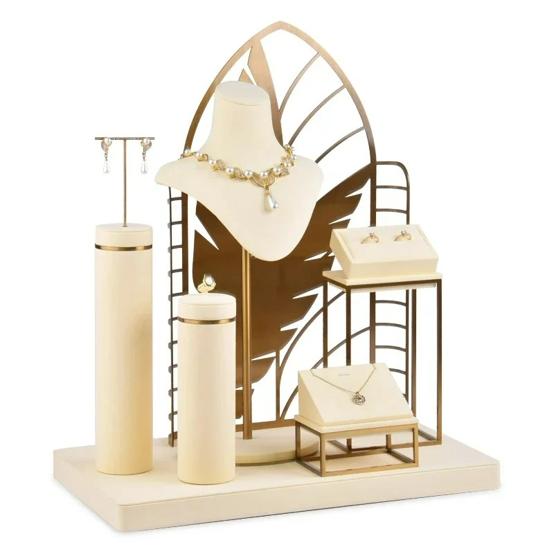 Beige Microfiber Jewelry Display Set Gold Color Brush Finish Metal Jewelry Display Stand For Jewelry Window Showcase