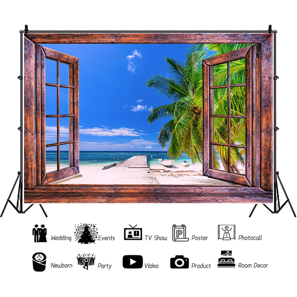 

Beach Holiday Sunshine Summer Digital Photography Backdrops Prop Tropical Landscape Outside Window Photo Studio Background JK-03