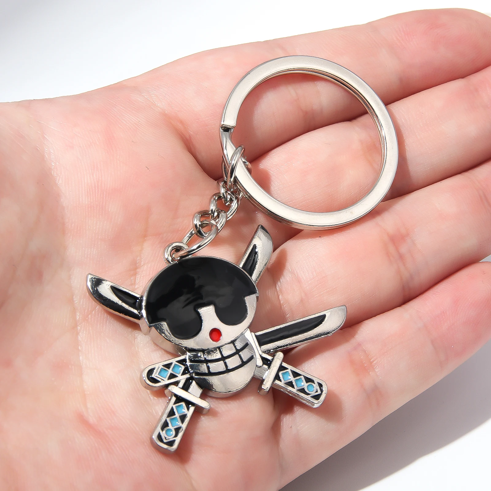 Hot Blooded Anime Pirate Skull Keychain Pirate Hunter Zoro Three Sword Swordsman Keyring Fan Gift For Men Women Backpack Jewelry