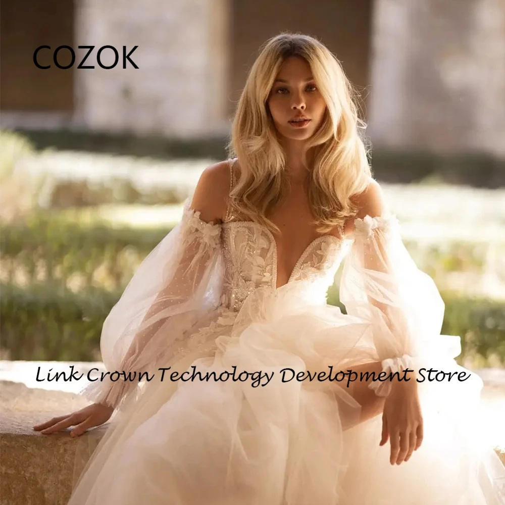 COZOK Champagne V Neck Bridal Gowns with Lace Full Sleeeve Off Shoulder Wedding Dresses 2024 Summer New Soft Tulle Robe De 2025