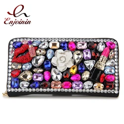 Monedero largo de lujo con diamantes para mujer, tarjetero de Color rojo, cristal, labio, perla, billetera de cuero Pu con cremallera alrededor