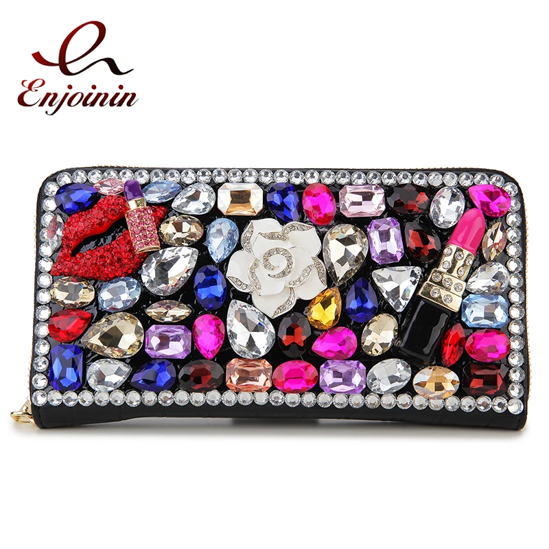 Luxury Diamond Women Long Purse Card Holder Coinetter Color Crystal Red Lip Pearl Wallet Pu Leather Zipper Around Wallet  Female