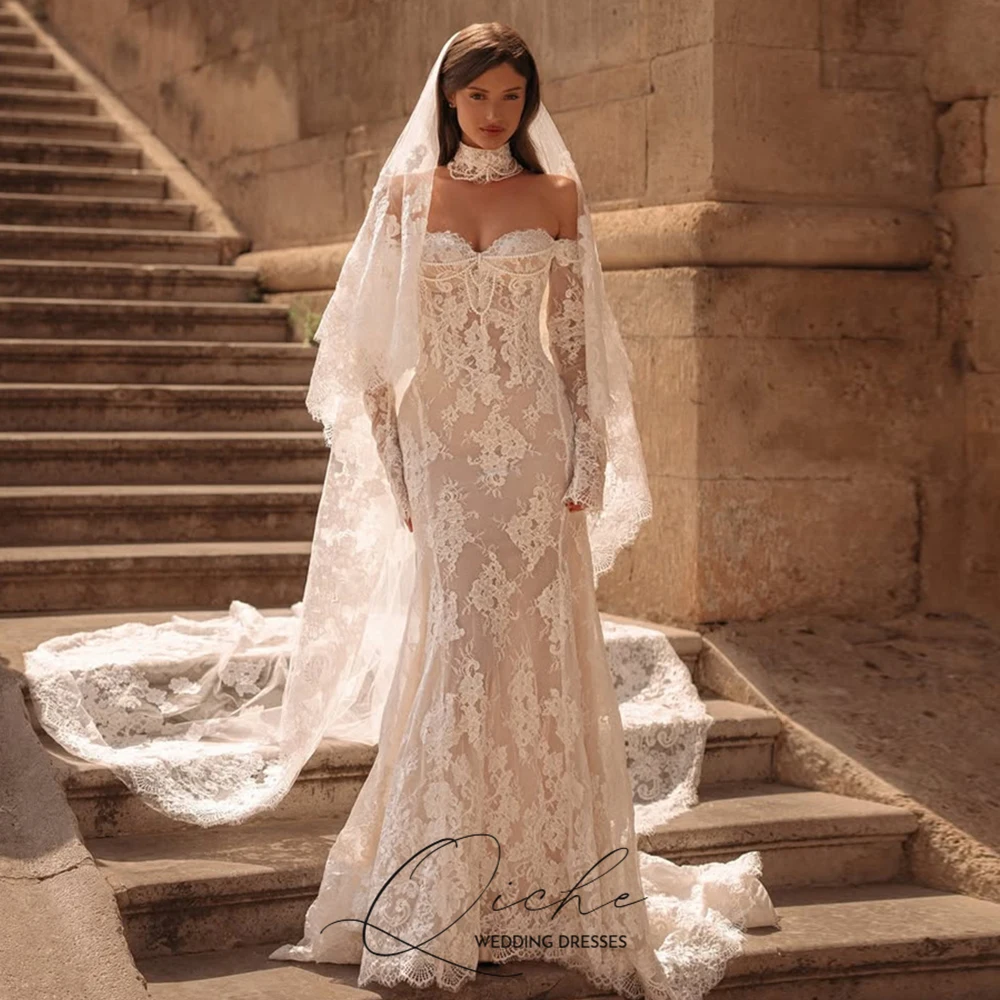 QICHE Luxuriöse Spitzenhochzeitskleider mit Perlen, trägerlos, schulterfrei, lange Ärmel, Brautkleid, individuelles Hochzeitskleid