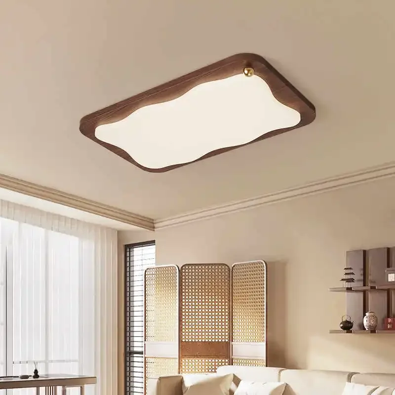 Modern Creamy Eye Protection Walnut Wood Grain LED Home Ceiling Lights Forged Lustre Lamps for Living Room Decoration Chandelier