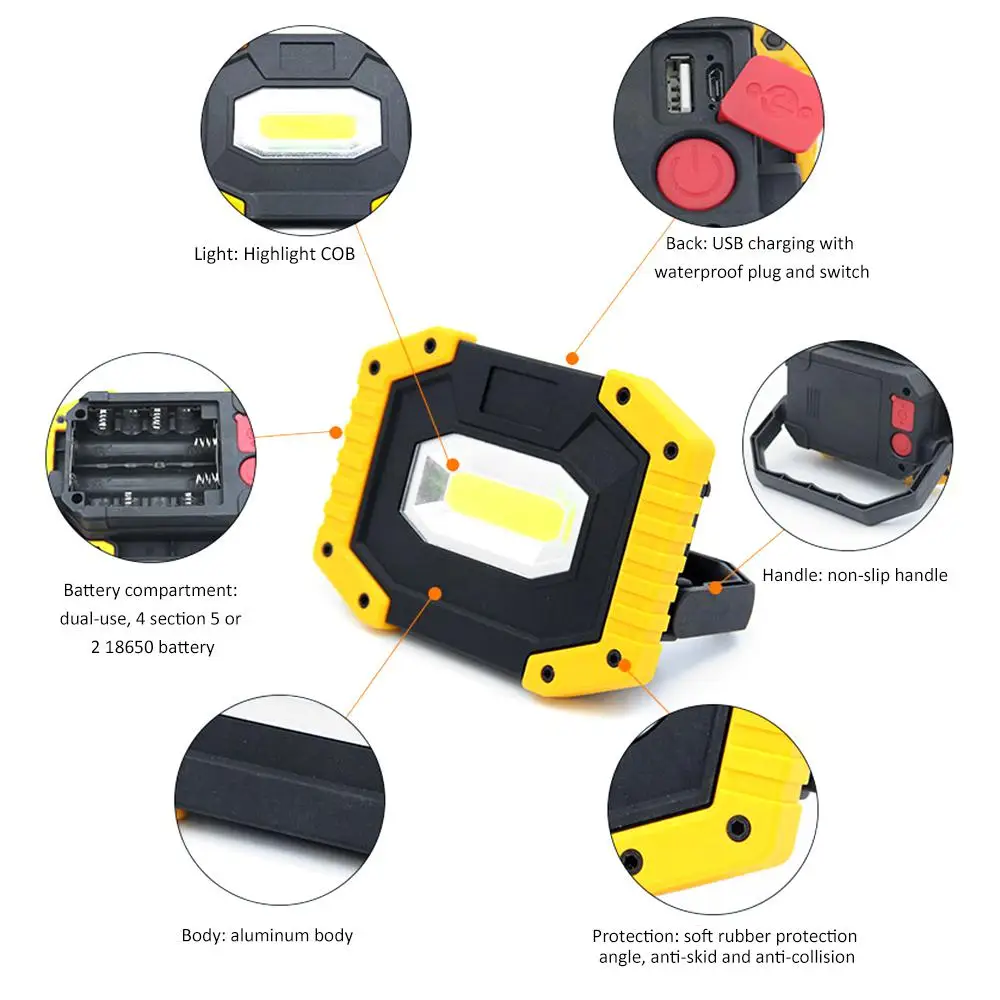 Portable Led Spotlight COB Super Bright Led Work Light USB Rechargeable for Outdoor Camping Lamp Led Flashlight by 18650