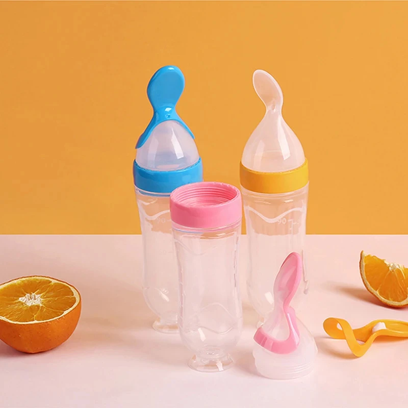 90ML Baby Squeeze Feeding Bottle Toddler Silicone Squeeze Feeding Spoon Training Rice Cereal Food Spoon Complementary Feeder