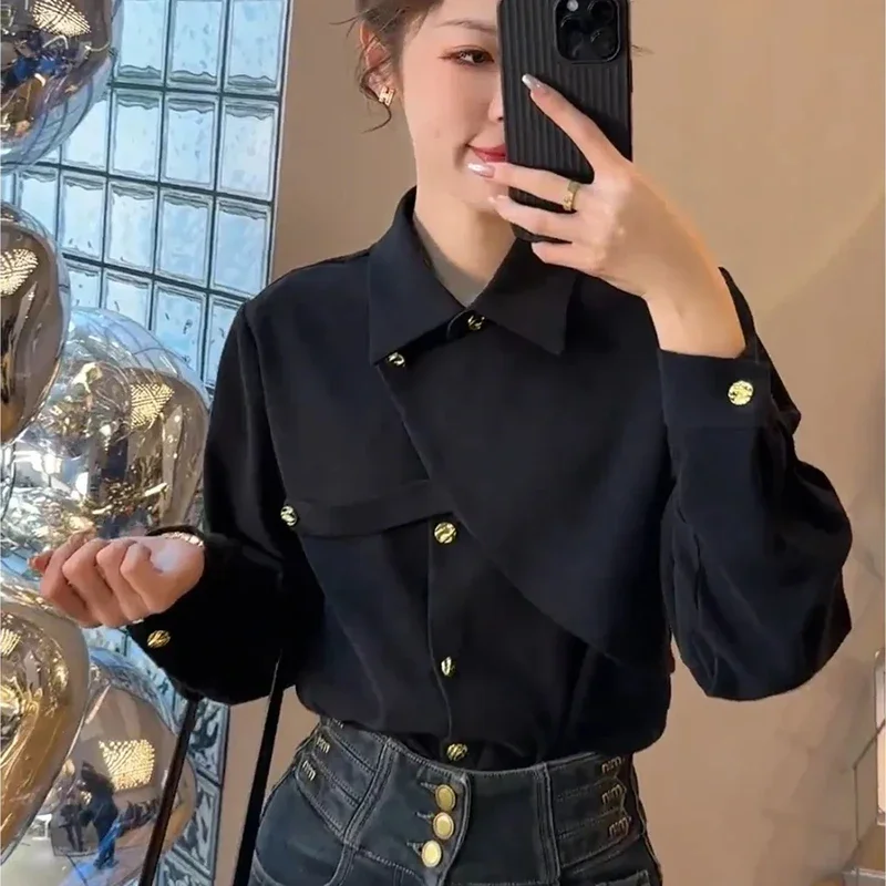 

Elegant Women Solid Shirts Fashion Korean Designed Buttons Female Loose Blouse Spring Casual Office Ladies Shirts New ZT699