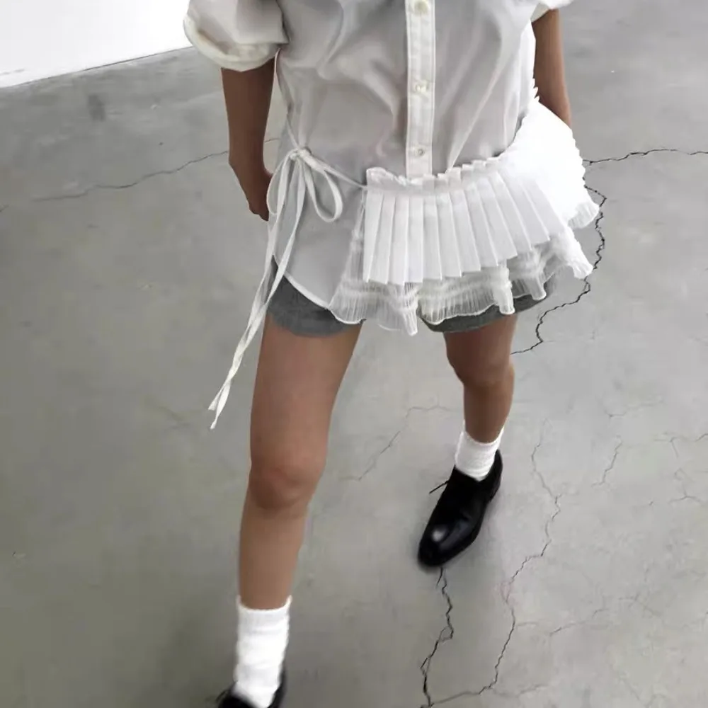 Hip-hop Layer Outfits Pleated Skirt Shirt Extender Sweet Ruffled Edge Waistband Y2K Mesh Lace Up Hip Scarf