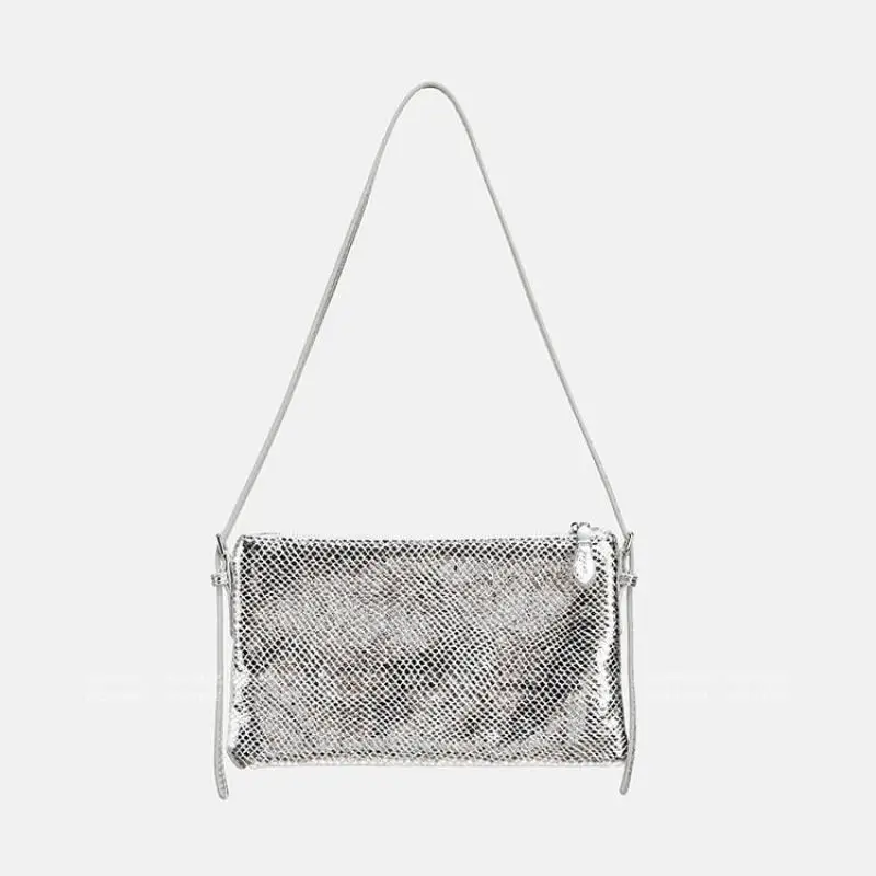 Light Luxury Silver Shimmering Snake Pattern Square Women's Bag With Personalized High-end Feel One Shoulder Crossbody Bag Trend