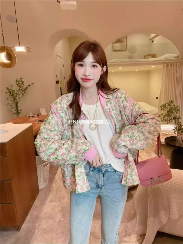 Kimotimo Floral Printed Parkas Jacket Women 2024 Autumn Winter Loose Warm Thick Short Quilted Coats Korean Fashion Sweet Tops