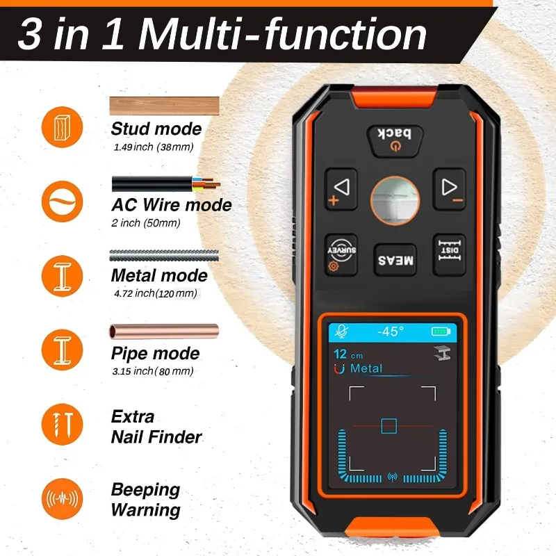

Testing Behind Walls Wood AC Wire Metal Studs Joist Pipe with Upgraded Smart Sensors Audible Alarms. 3 in 1 Finder Wall Scanner