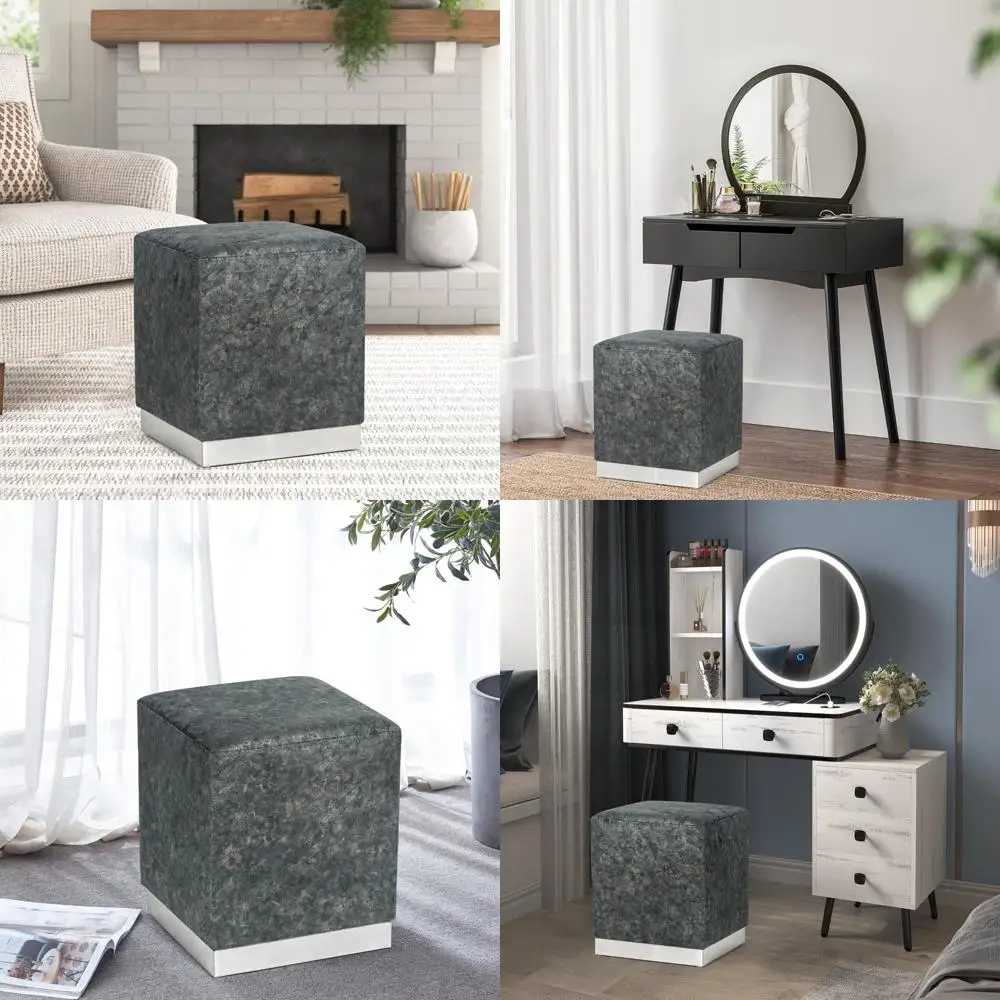 

Colorful Black Square Ottoman with Silver Trim - 14.6 Width, Soft Padded Foot Stool for Living Room