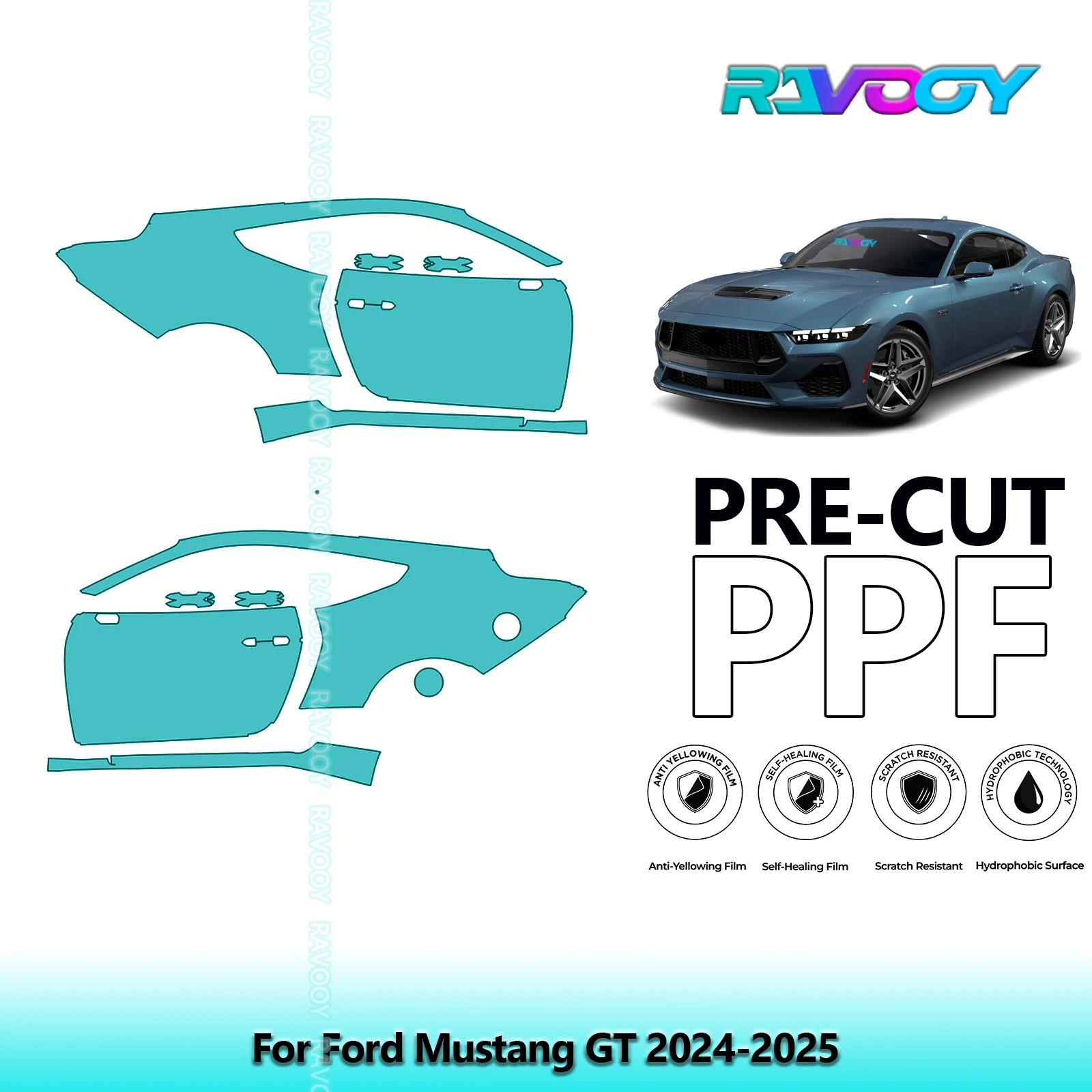

For Ford Mustang GT 2024-2025 8.5mil Clear Matte Pre-Cut PPF Door & A/B Pillar Kit TPU Paint Protection Film Set