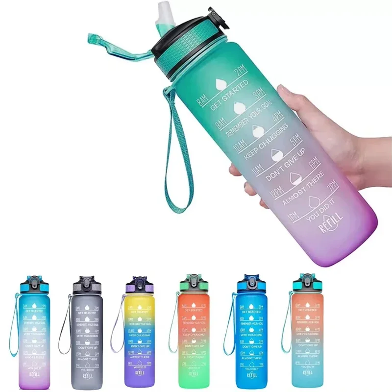 900ml Large Capacity Gradient Water Bottle,Water Bottle with Straw 1 Litre Leakproof with Time Marker,for Sports Fitness