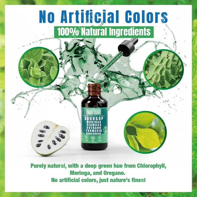 

Жидкие капли Soursop Bitters 10 в 1 с морскими водорослями, морингой, куркумой, маслом черного тмина и растительными экстрактами для улучшения здоровья, 60 мл