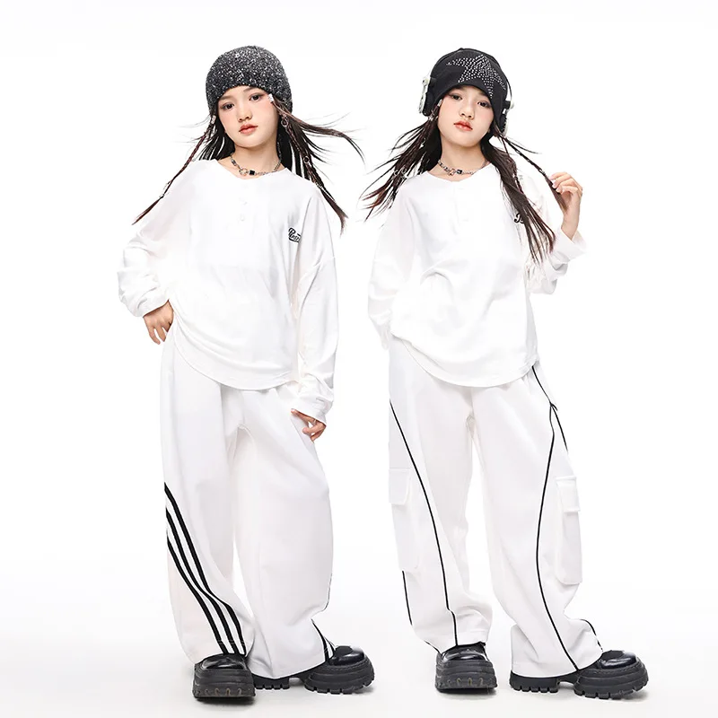 

White Jazz Dance Suit Girls Fashion Kpop Stage Outfit Kids Hip Hop Dance Costume Clothes Sequin Tassel Top Cargo Pants suit set