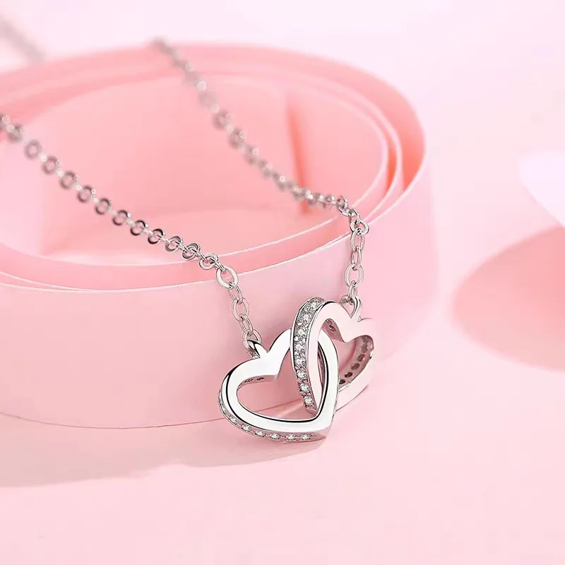 Sparkling Simulated Moissanite Necklace for Women S925 Pure Silver Double Heart Design Laboratory Diamond Pendant Luxury Jewelry