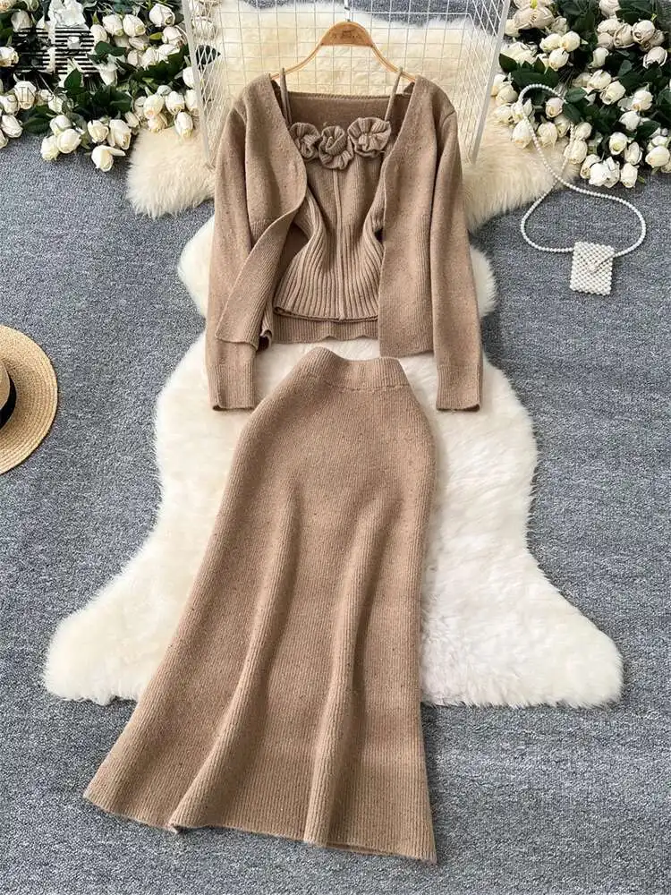 BabYoung delikatna gruba dzianina 3 szt. Garnitury jesień z długim rękawem luźny kardigan + 3D kwiat Camis + solidna spódnica moda damska ciepłe zestawy