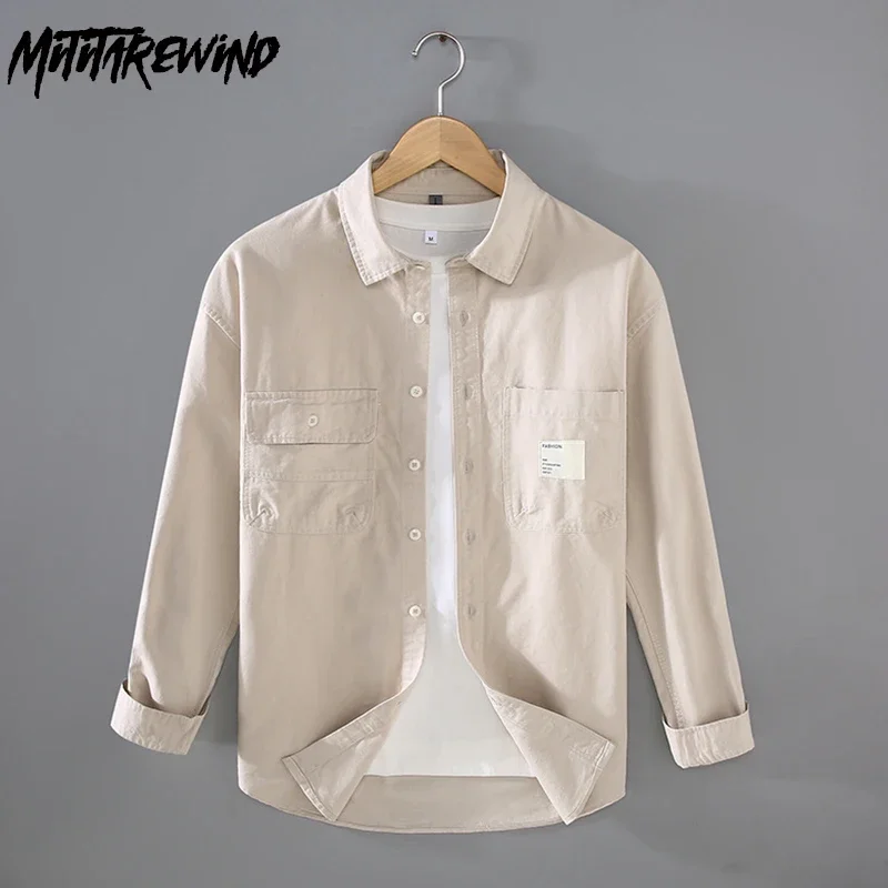 Fall Japanese Retro Cargo Shirt Man 100% Cotton Long Sleeve Mens Shirts Square Double Pocket Casual Shirts Loose Tops Comfort