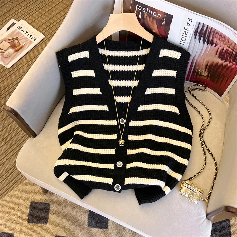 

V-Ne Open Cardigan Knitted Vest Women's Summer Vintage Slimming Svel Layering Vest Color Blo Striped Design