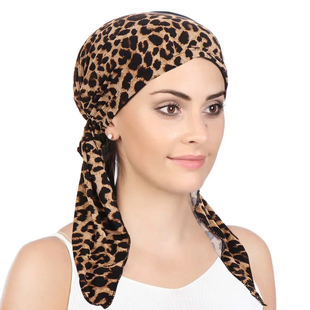 New Women Printed Pre-Tied Turban Cap Muslim Hijab Inner Caps Hair Loss Cover Beanies Bonnet Long Tail Headscarf Strech Bandana