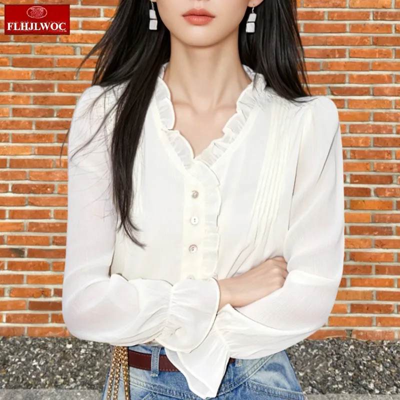 

Топы с расклешенными рукавами и галстуком-бабочкой и оборками, Blusas 2022, осенние базовые милые девушки, шикарные корейские однотонные офисные женские рубашки, блузки