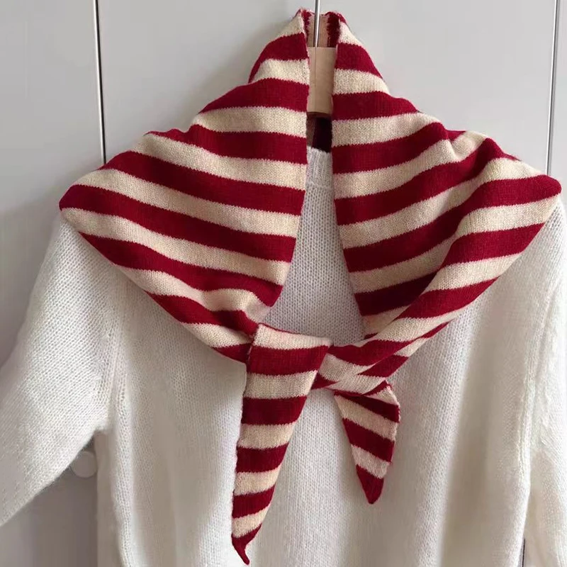 Autumn And Winter Warm Knitted Striped Headscarf Women's Neck Protection Triangle Scarf