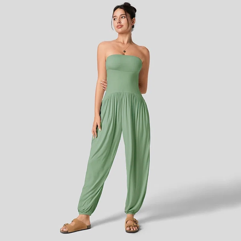 CUTENOVA 2024 Summer Women Solid Color Jumpsuits Strapless Sleeveless Backless High Waist Wide-Legged Casual Wear One Piece Jump