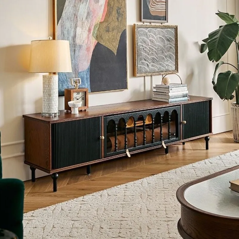 

French solid wood retro coffee table TV cabinet black American small apartment living room floor locker antique furniture