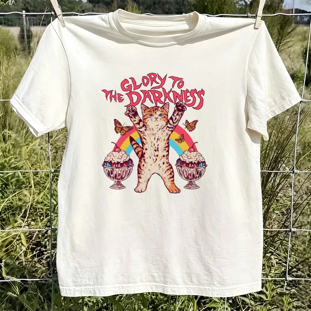 Glory To Darkness Cat Damen-T-Shirt aus Baumwolle, Retro-T-Shirt mit Cartoon-Tierdruck, süßes grafisches Oberteil im Gothic-Stil
