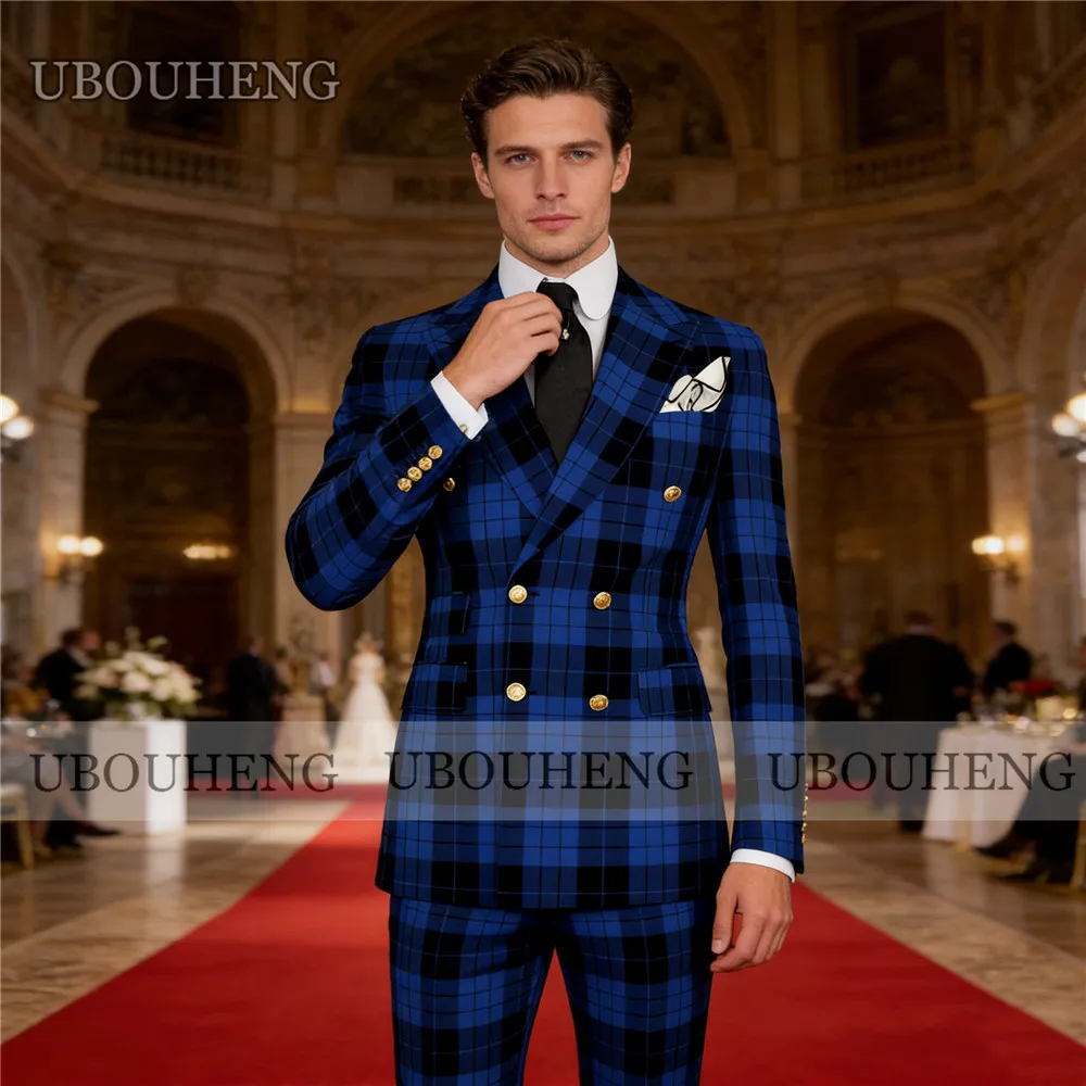 

Classic Plaid Check Suits Men For Wedding Double Breasted Jacket Pants 2 Pieces Groom Formal Wear Dinner Party Tuxedos Outfit