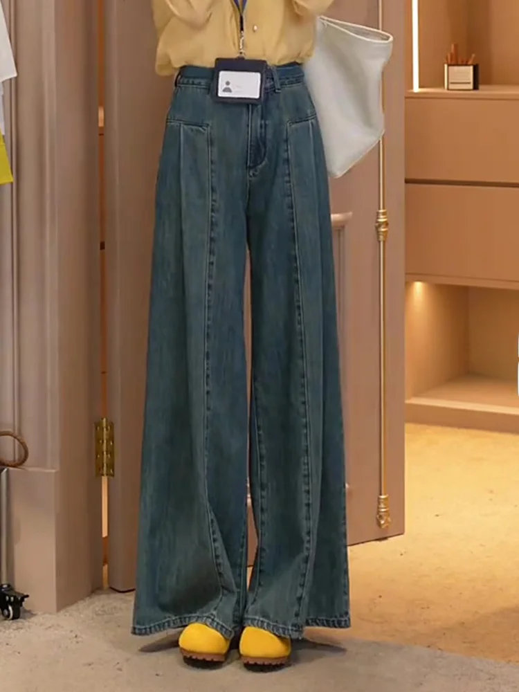 

Джинсы Donna с высокой талией и широкими штанинами, модные женские джинсовые брюки в стиле Hong Kong Sle Dragging Pants, весенняя коллекция