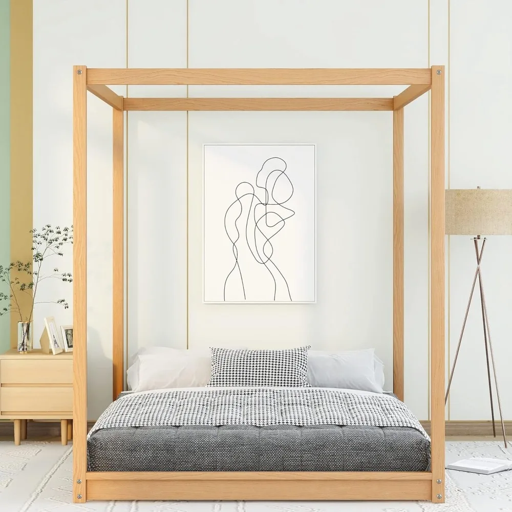 سرير بمظلة على الأرض، إطار سرير بمنصة مظلة مكونة من 4 أعمدة مع أرجل داعمة، إطار سرير كوين من الخشب الصلب للأطفال والمراهقين والكبار #3