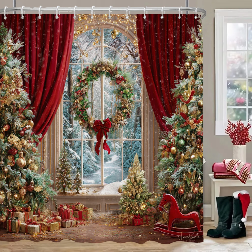 

Christmas Shower Curtain with Hooks,Merry Christmas Shower Curtain，Christmas Holiday decorate wall hanging tapestry