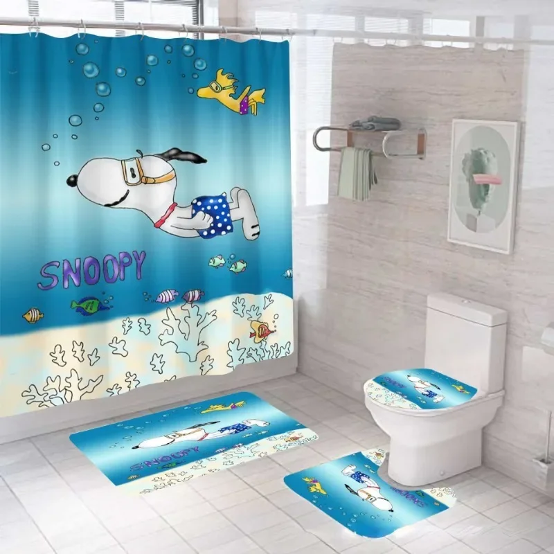 Snoopy Shower Curtain Printing Anime Waterproof Mildewproof Shower Curtain Set of Four Bath Creative Personality Shower Curtains