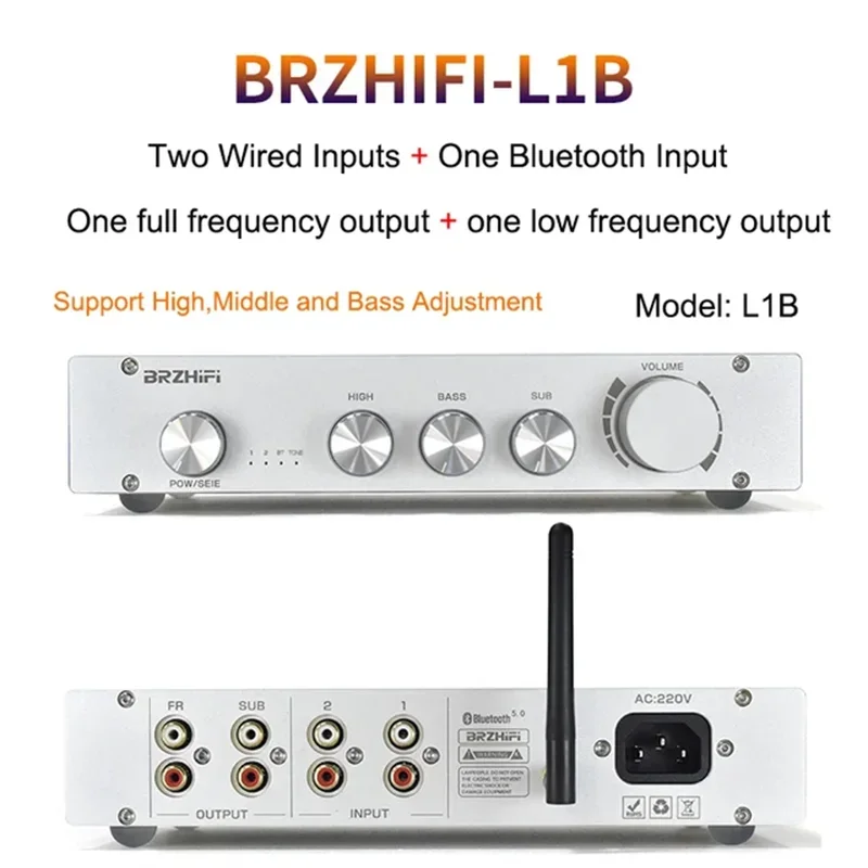 L1 Amplifier saluran A 2.0/2.1, Amplifier Decoding Bluetooth 5.0 bisa disesuaikan Bass tinggi Kelas A aluminium hitam/perak