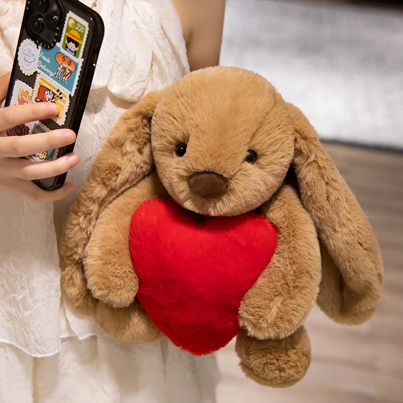 Kawaii 고품질 심장 토끼 봉제 인형을 잡아 여자를위한 귀여운 부드러운 흰색 갈색 긴 귀 토끼 플러시 장난감 생일 선물