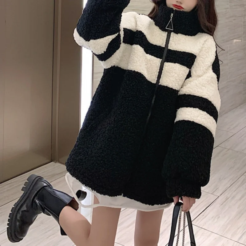 Autumn Winter Women Hooded Jacket Zip Up Street Shirt Coat Imitation Lamb Wool Loose Cardigan Sweater Y2k Clothes