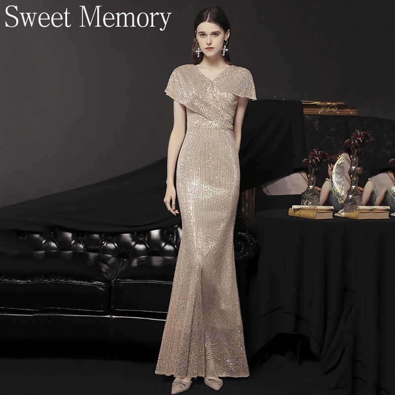 

N1148 Вечернее платье с рыбьим хвостом Вечернее платье цвета шампанского для выпускного вечера Sweet Memory Элегантное женское длинное вечернее платье с пайетками для банкета