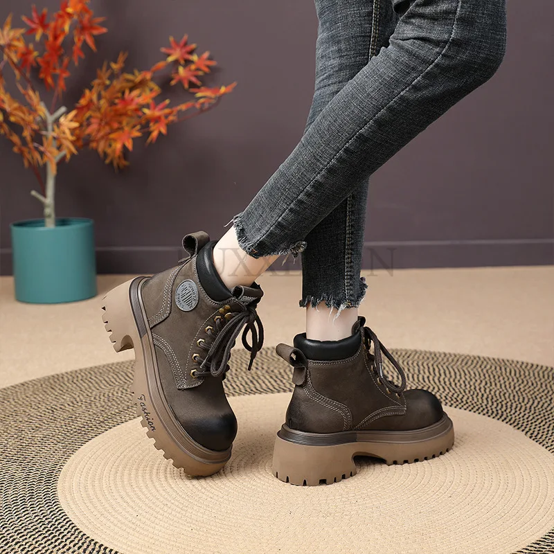 Genuine Leather Slope Heel Women Thick Soled Round Toe Motorcycle Boots Medium Tube Boots Fashionable Versatile Women Shoes