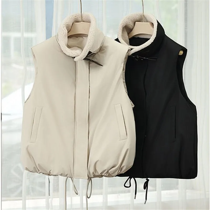

Fashion Lambskin Lapel Short Cotton Vest Women 2026 New Sleeveless Jacket Solid Color Warm Casual Waistcoat Female Tops B1435