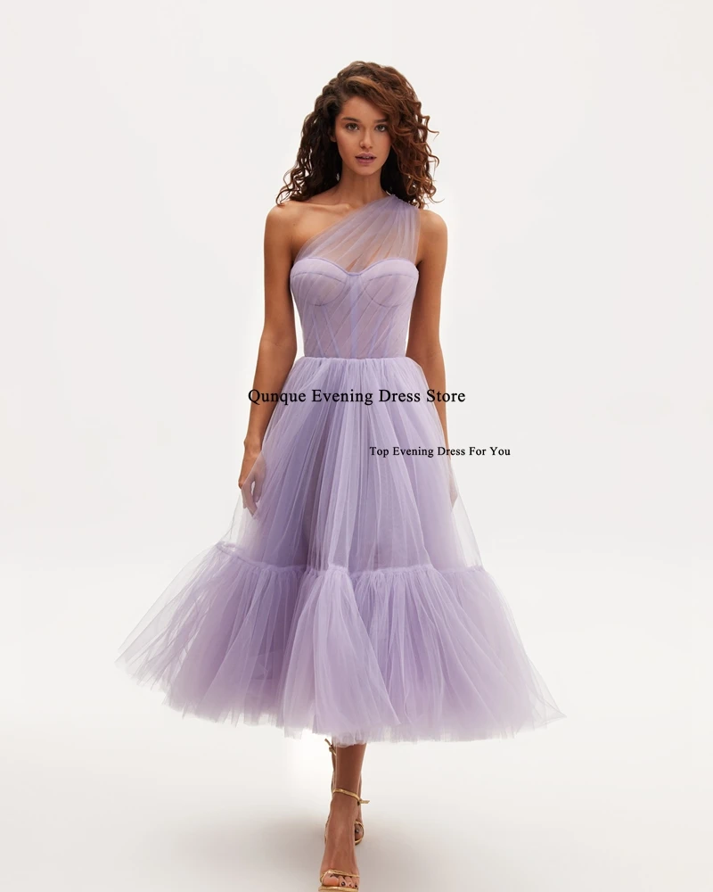 Qunque One Shoulder Lilac Tulle Prom Dresses Customized Vestidos De Gala Tea Length Skirt Ruched Pleat A-line Robes De Soirée