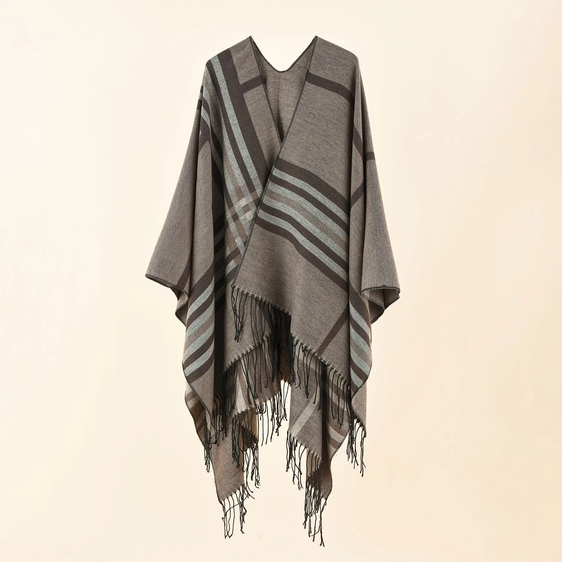 

2022 Autumn Winter New Large Plaid Stripe Pattern Imitation Cashmere Warm Casual Women Shawl Tassels Poncho Capes Coat Khaki