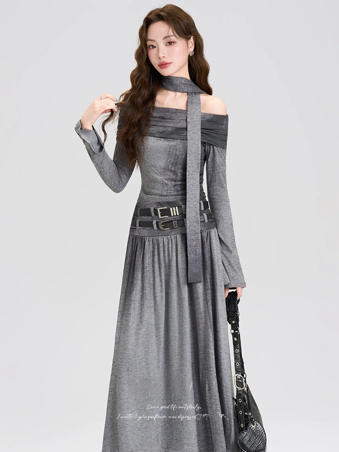 

Autumn New Sle Women's Slim Fit One oulder Knitted Dr High Waist Long A-Line Skirt French Sle Daily Wear