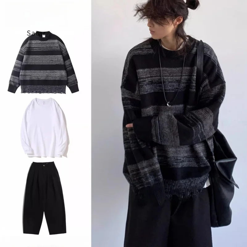 

Свободный вязаный свитер-худи оверсайз в полоску унисекс, осенне-зимний, винтажный, с цветовыми блоками, в стиле лэйзи, для мужчин и женщин, комплект