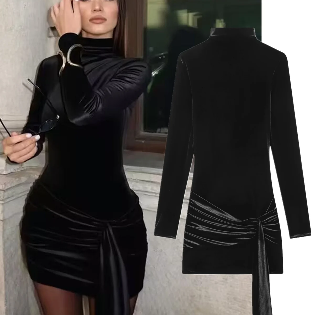 

Dave&Di Ins Fashion Blogger Minimalist Winter Black Dress Velvet Fashionable Belt Decoration Party Dress Elegant Dresses Womens