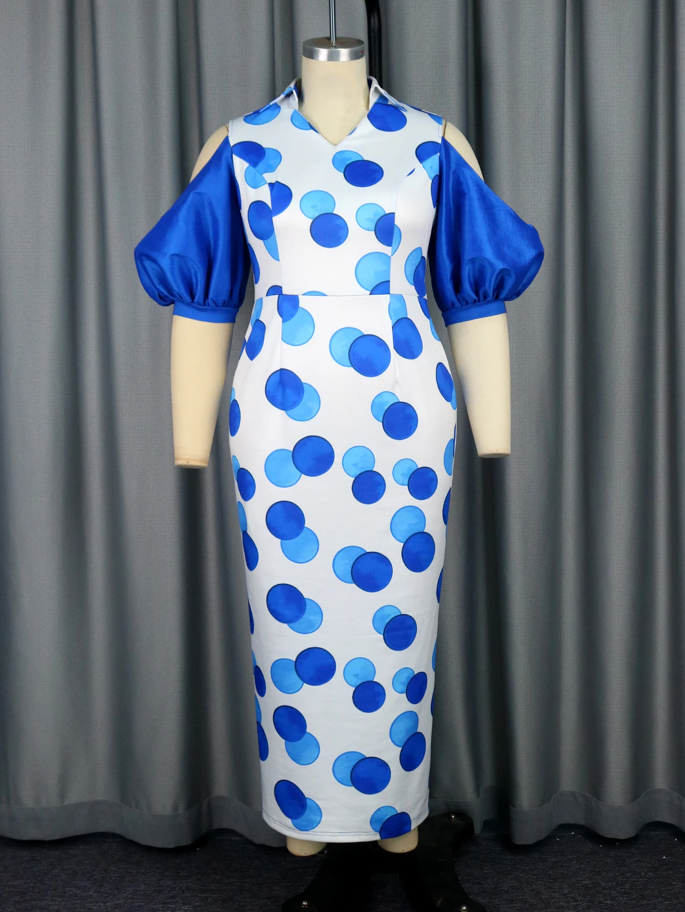 Elegancka damska sukienka wieczorowa Plus Size Blue Polka Dot Puff Sleeve Mesh Patchwork Bodycon Formal Celebrate Birthday Gown New